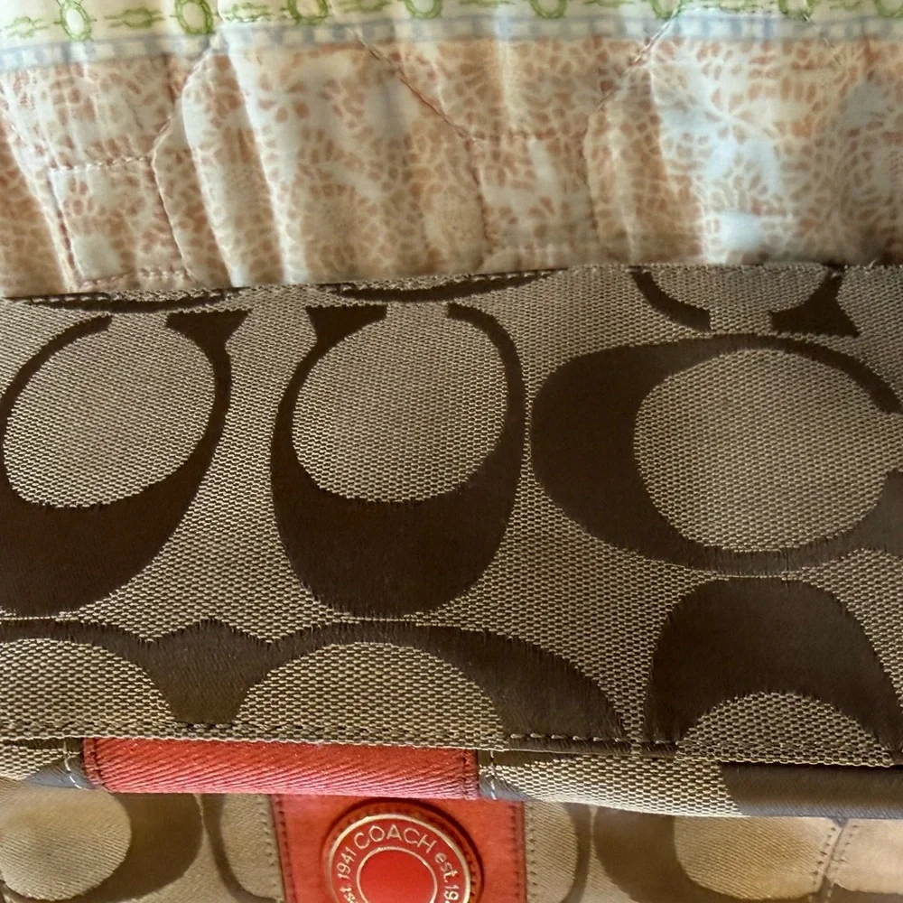 Coach Signature Stripe tote/hobo-bag w/orange leather trim F19203 - Picture 5 of 13